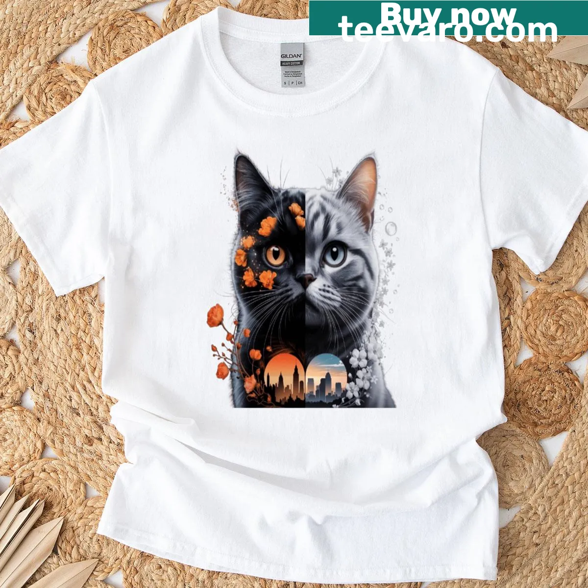T-shirt with a split design illustration of a British Shorthair cat — on a men's t-shirt
