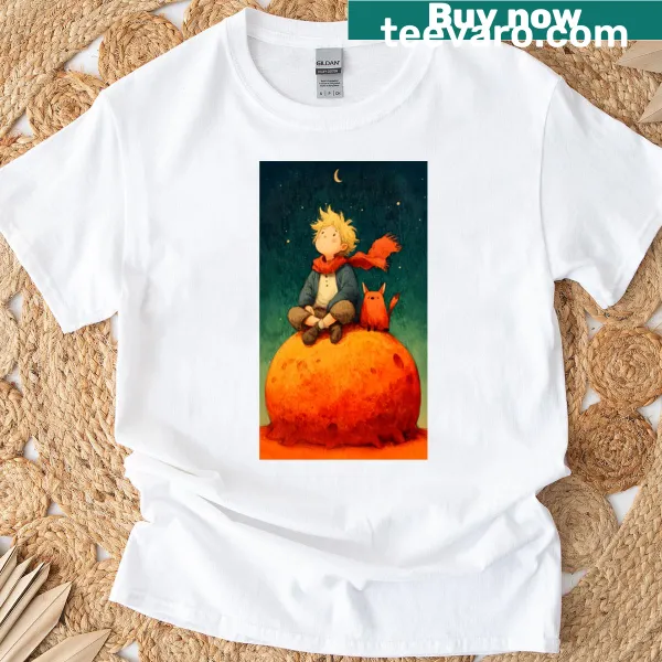 Whimsical t-shirt featuring Little Prince and fox in cosmic night scene