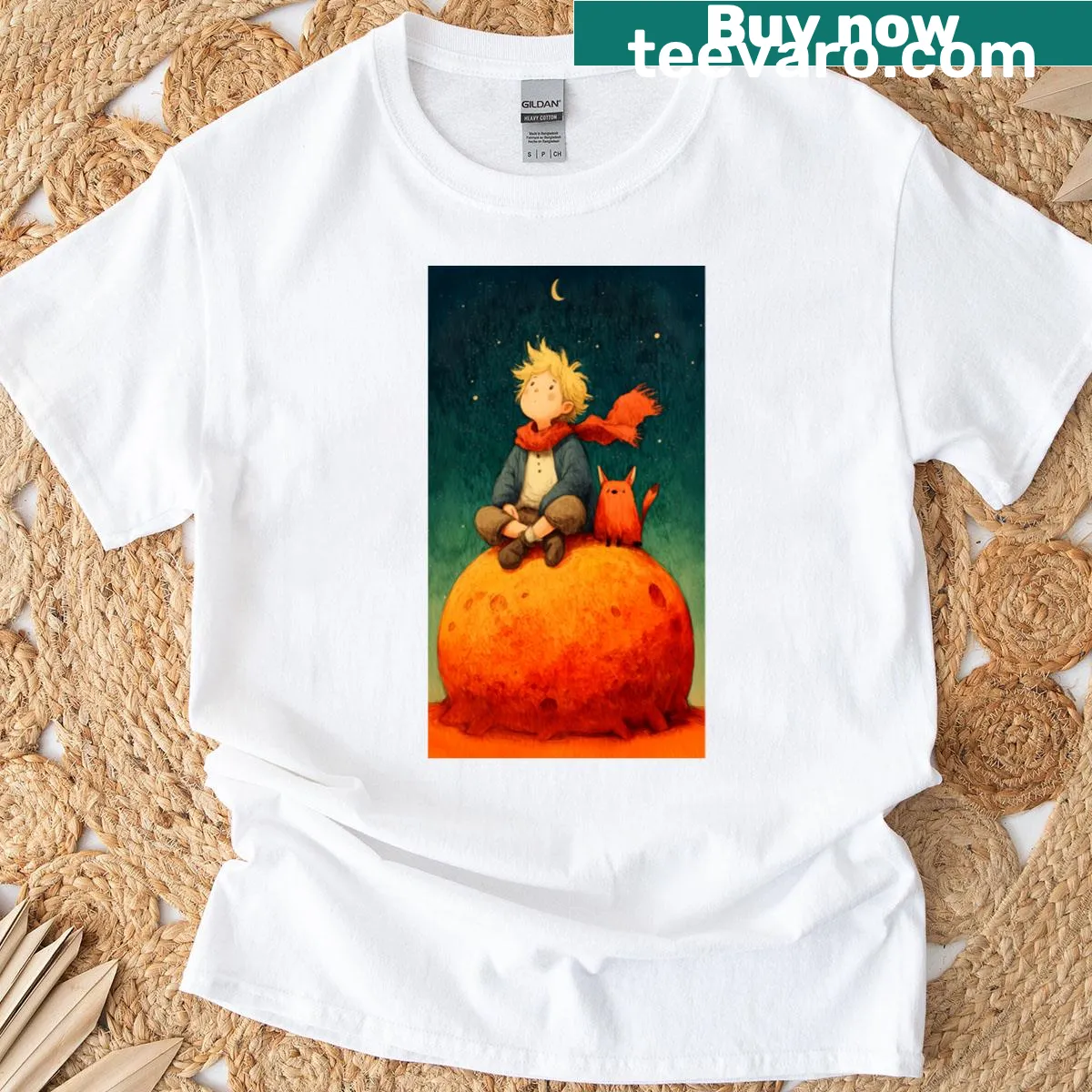 Whimsical t-shirt featuring Little Prince and fox in cosmic night scene — on a men's t-shirt