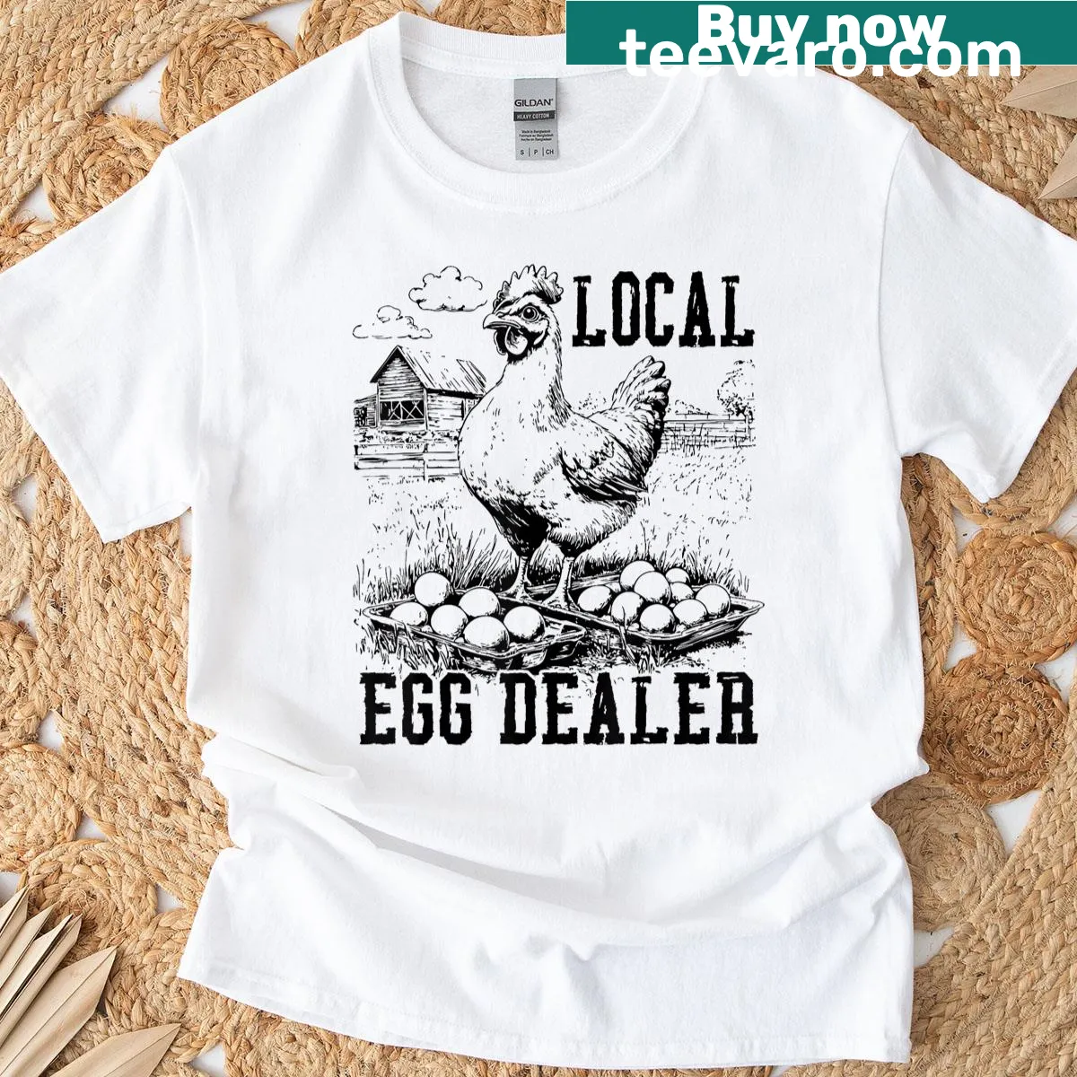 Retro chicken graphic with funny 'Local Egg Dealer' text. — on a men's t-shirt