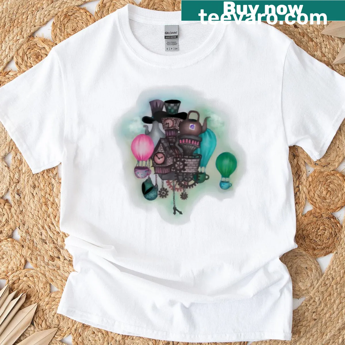 Charming illustration of Mad Hatters Factory on a T-shirt — on a men's t-shirt