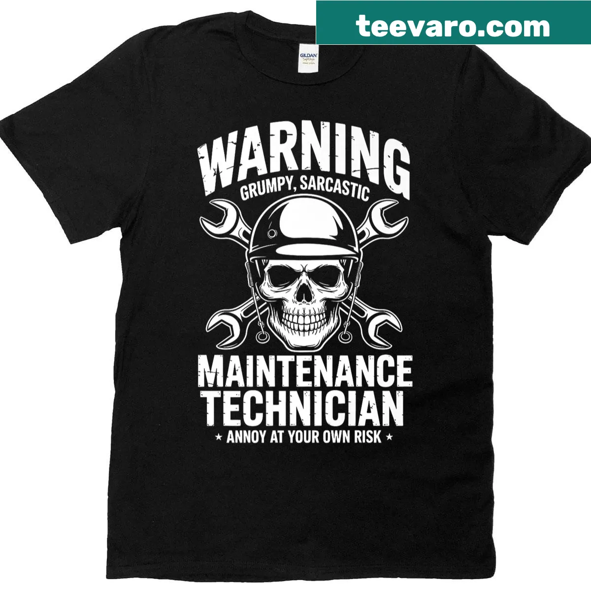 Grumpy skull graphic with warning text for maintenance technicians — on a men's t-shirt