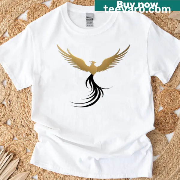 Illustrative T-shirt depicting a majestic phoenix with flowing tail feathers