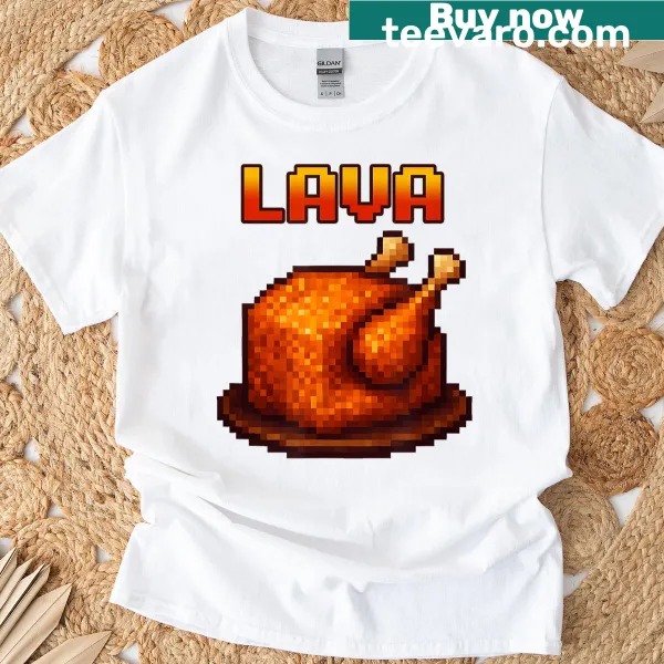 Illustration of a chicken with lava flavor graphic on T-shirt