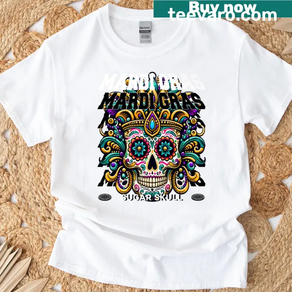 Sugar skull design inspired by Mardi Gras and Día de los Muertos