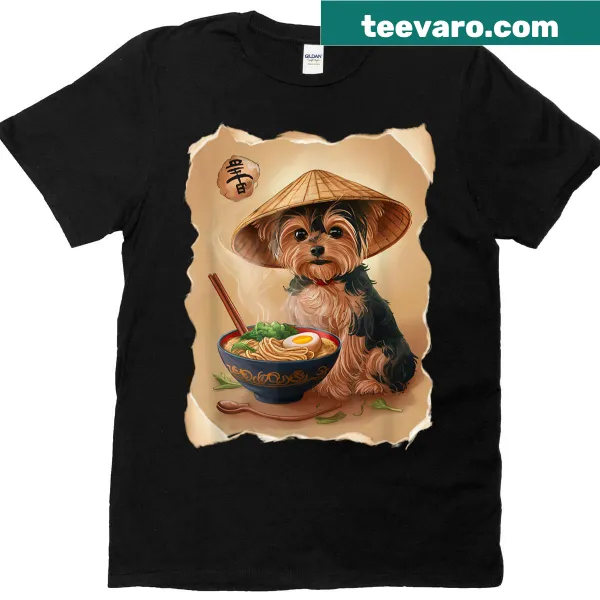 Kawaii t-shirt featuring Yorkshire Terrier eating ramen