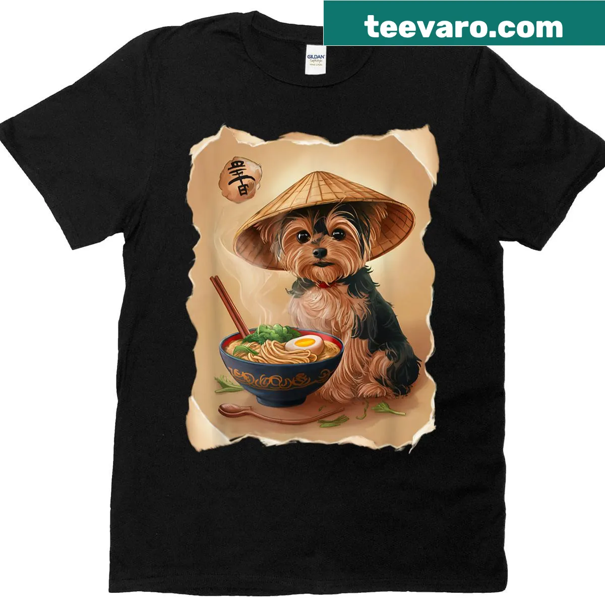 Kawaii t-shirt featuring Yorkshire Terrier eating ramen — on a men's t-shirt
