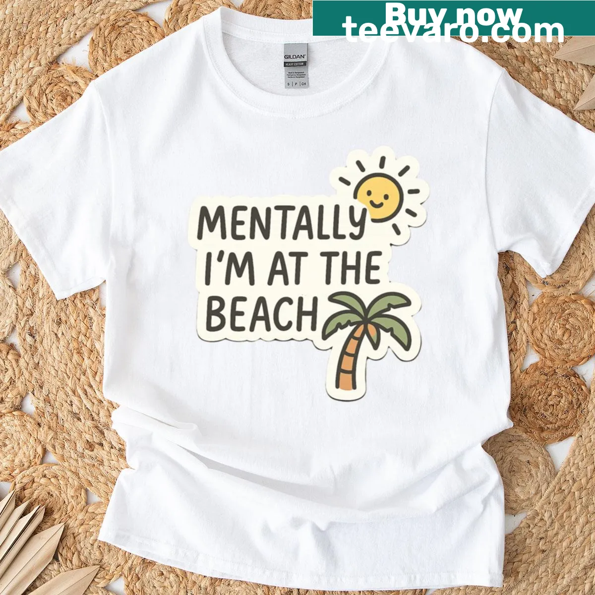 Playful typography shirt with the phrase 'Mentally I'm At The Beach' — on a men's t-shirt