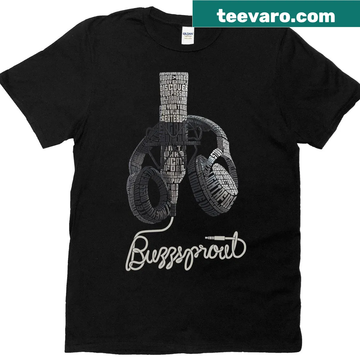 Typography design featuring microphone and headphones — on a men's t-shirt