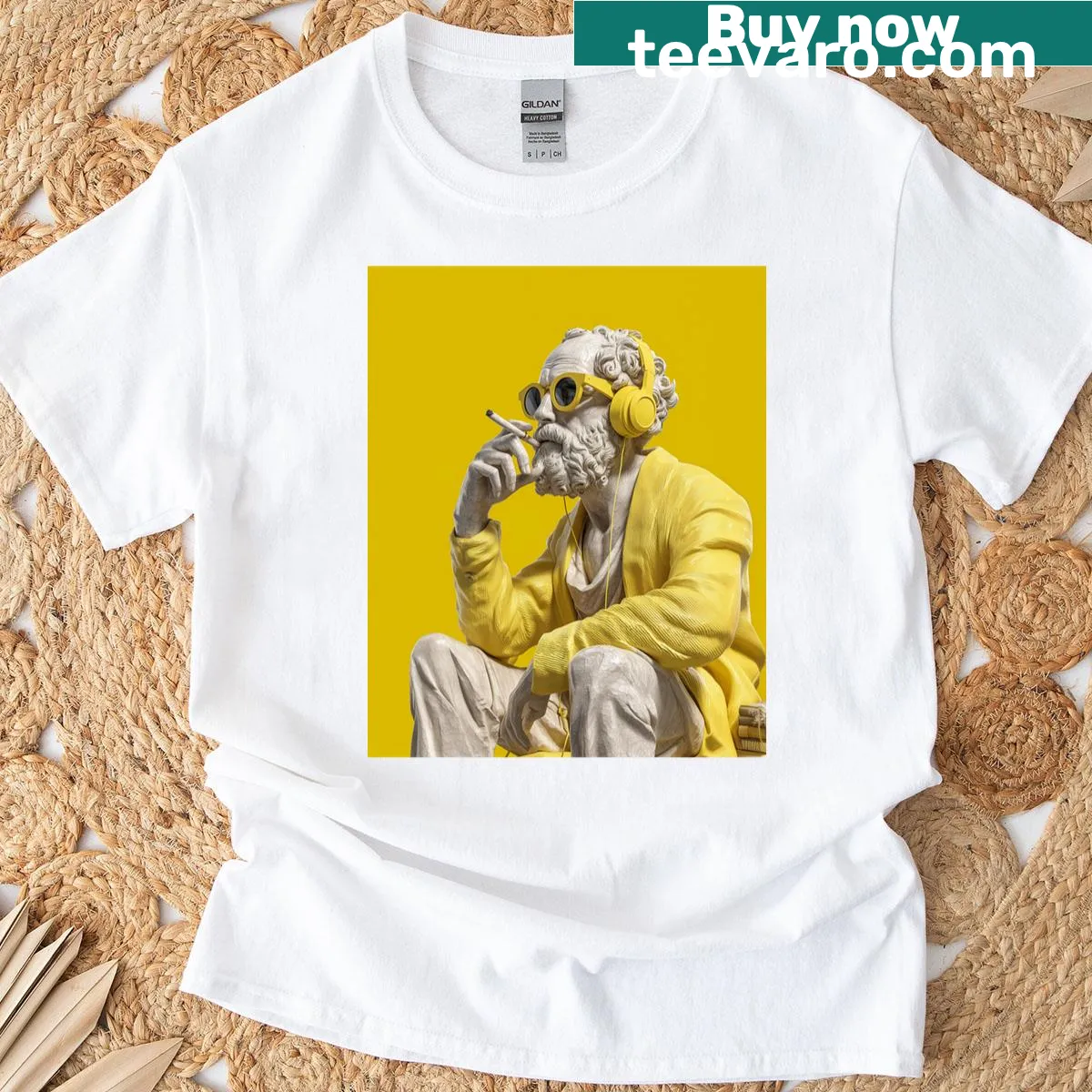 Urban mashup art featuring a philosopher statue for modern art lovers — on a men's t-shirt