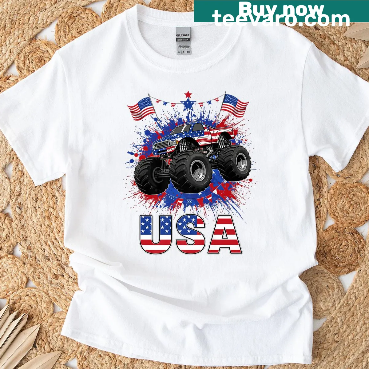Cartoon monster truck with American flag for toddlers — on a men's t-shirt