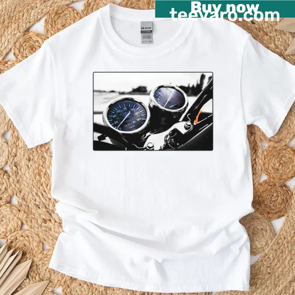 Retro motorcycle speedometer design on a t-shirt