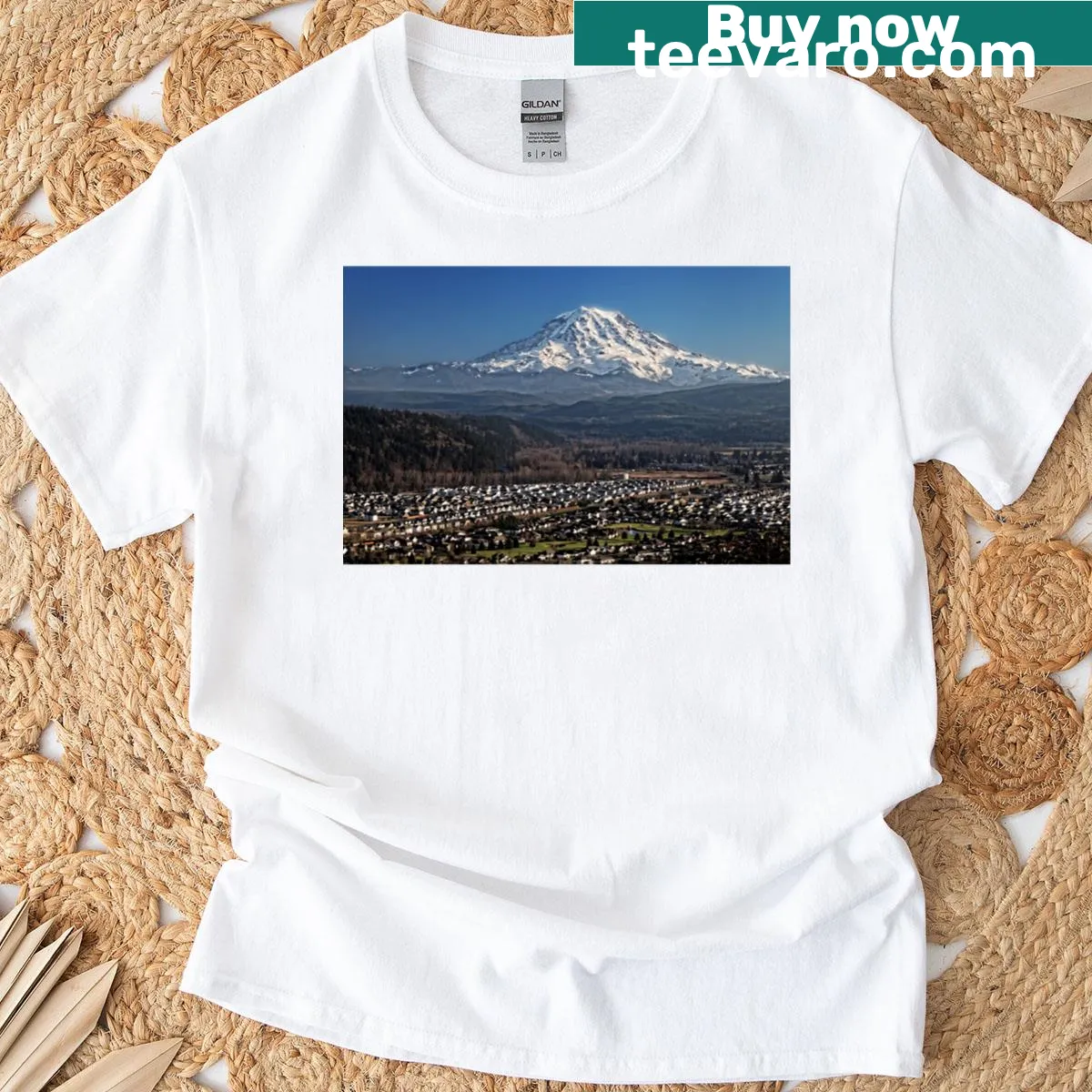 Photographic art print of Mount Rainier on a t-shirt — on a men's t-shirt
