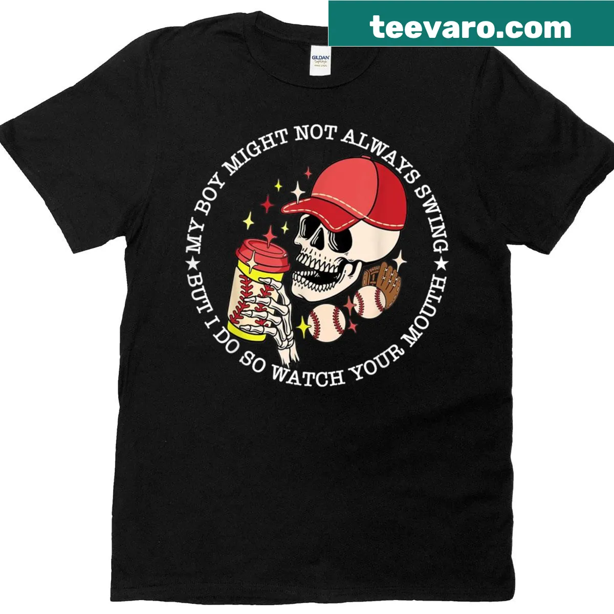 Funny baseball mom T-shirt featuring a skull graphic — on a men's t-shirt