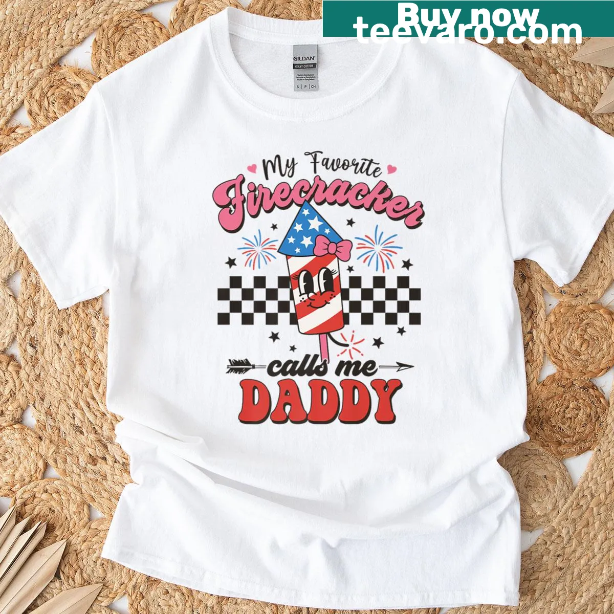 Patriotic t-shirt with 'My Favorite Firecracker Calls Me Daddy' text — on a men's t-shirt