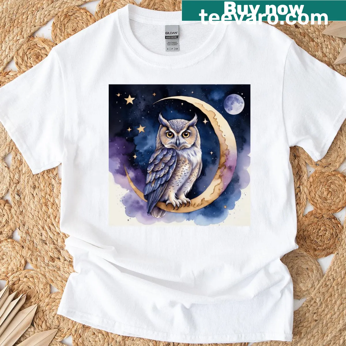 T-shirt featuring a mystical owl design against a starry night background — on a men's t-shirt