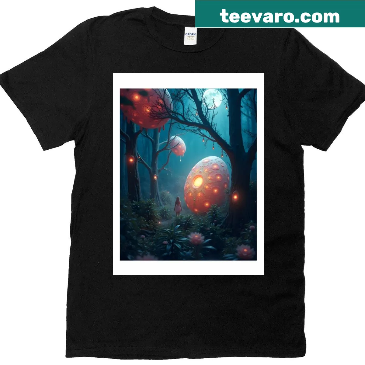 T-shirt with a mystical forest and giant glowing Easter eggs graphic — on a men's t-shirt