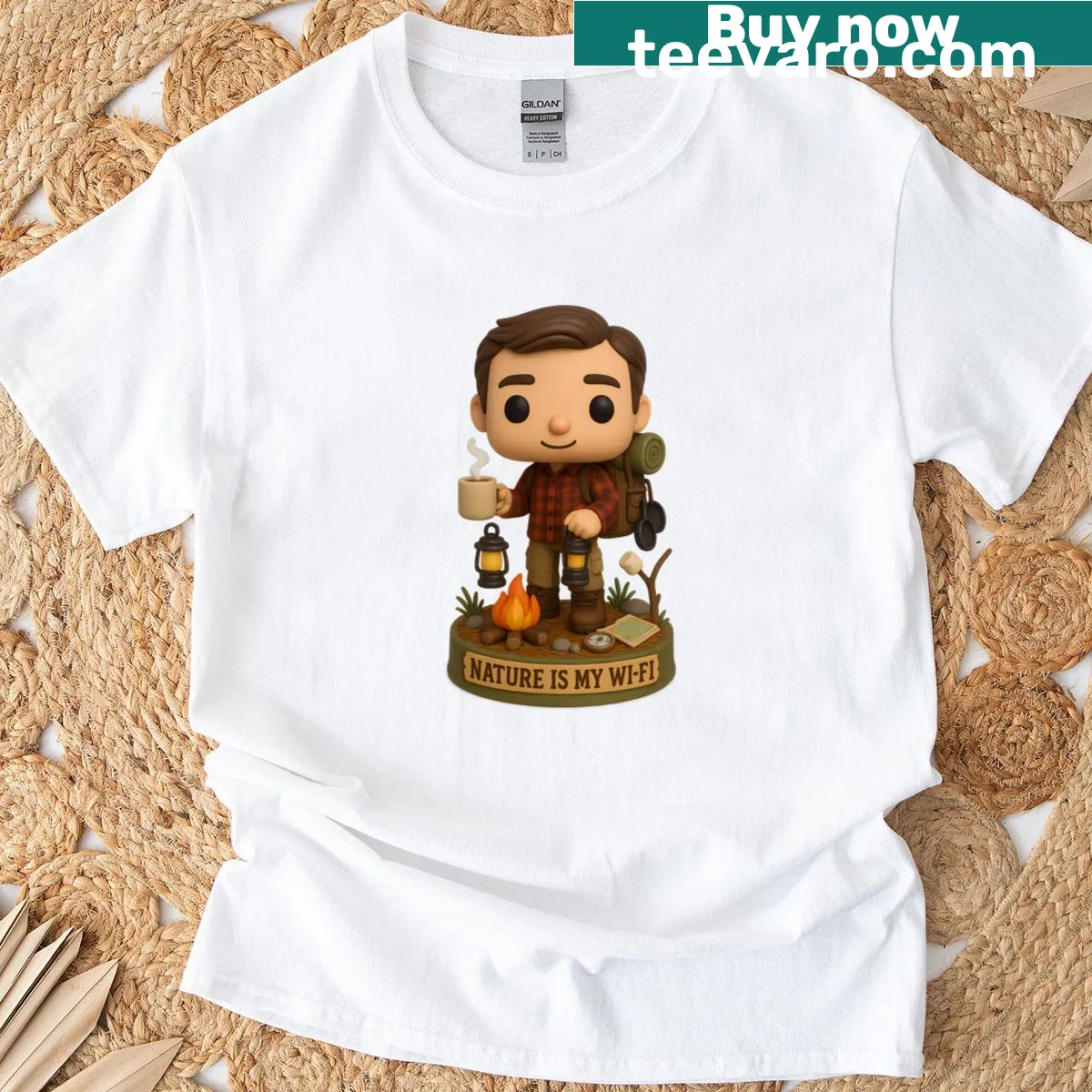 Chibi adventurer enjoying nature with 'Nature Is My Wi-Fi' text — on a men's t-shirt