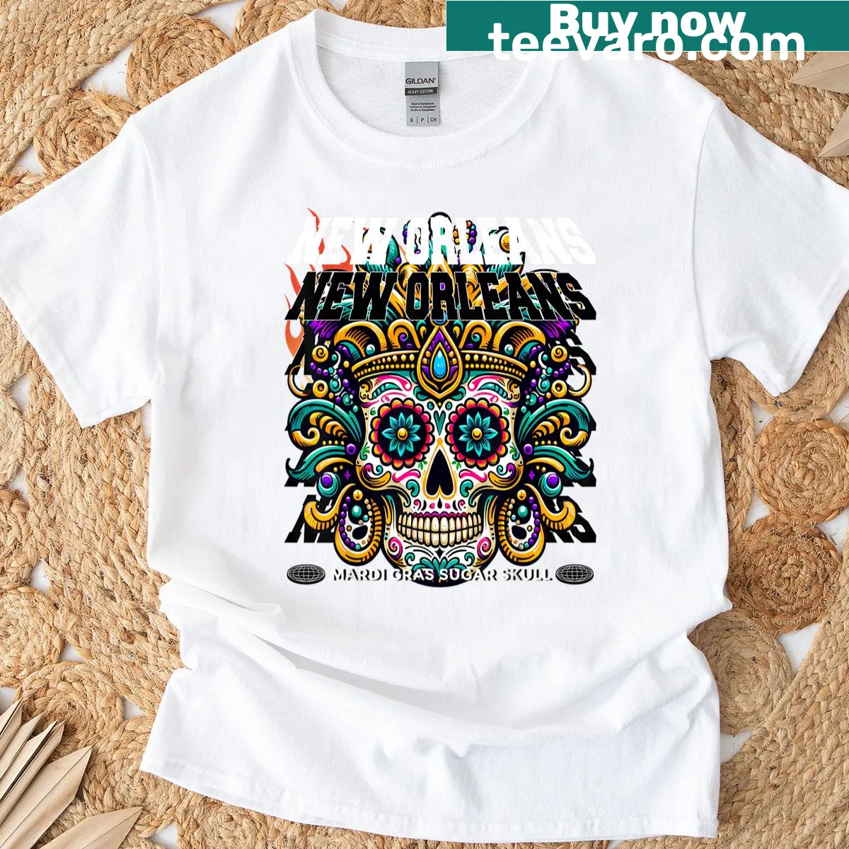 Sugar skull illustration for Mardi Gras celebration — on a men's t-shirt