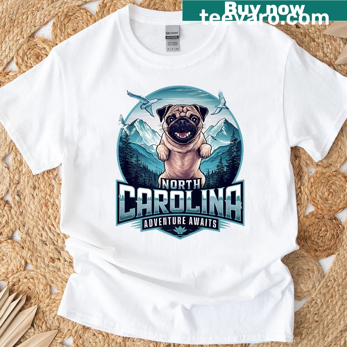Funny pug hiking design for outdoor enthusiasts — on a men's t-shirt