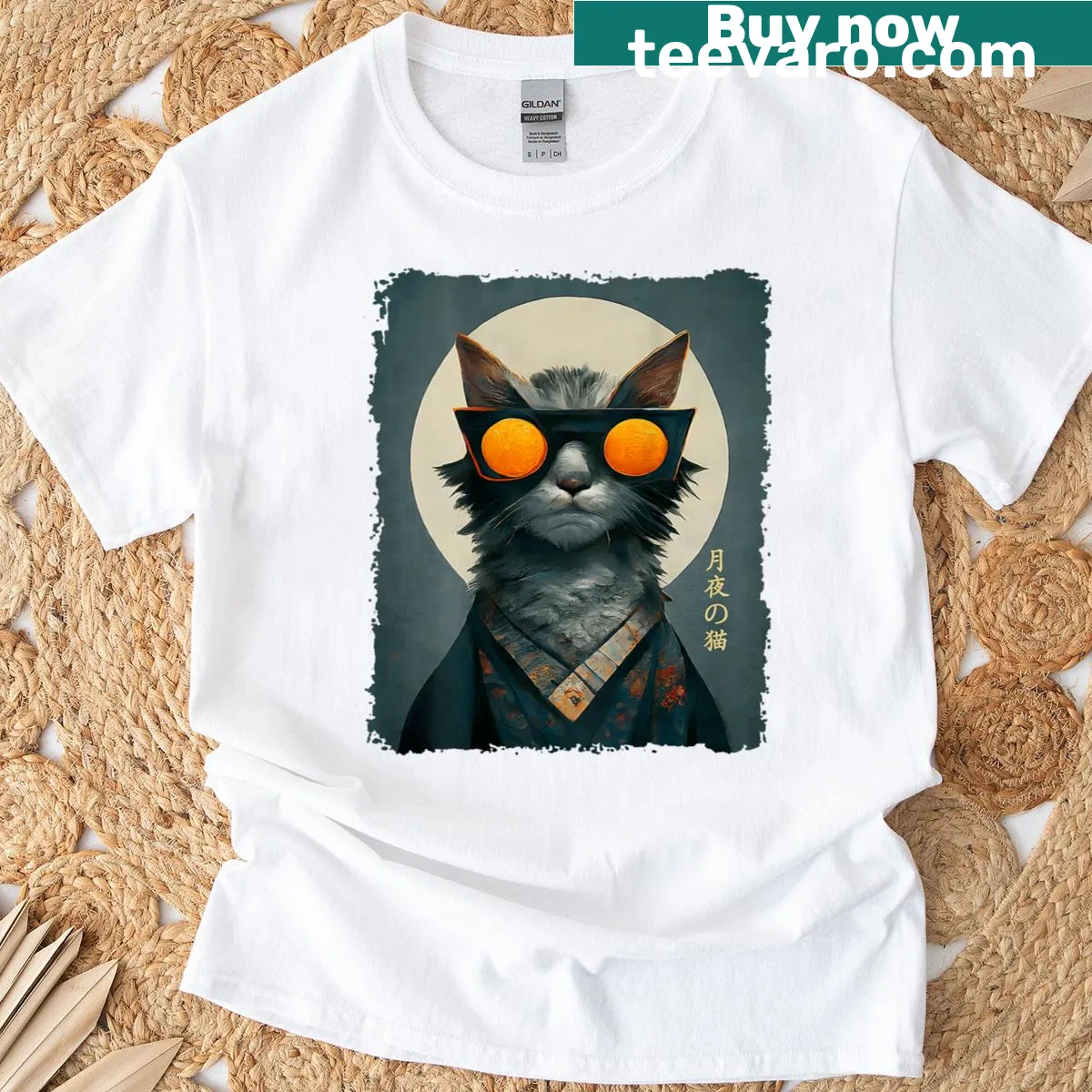 T-shirt featuring a cat in a kimono with Japanese kanji art. — on a men's t-shirt