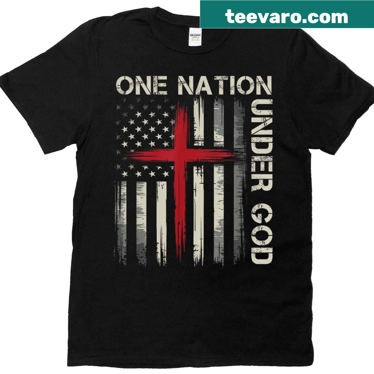 T-shirt featuring American flag and cross graphic for patriotic events — on a men's t-shirt