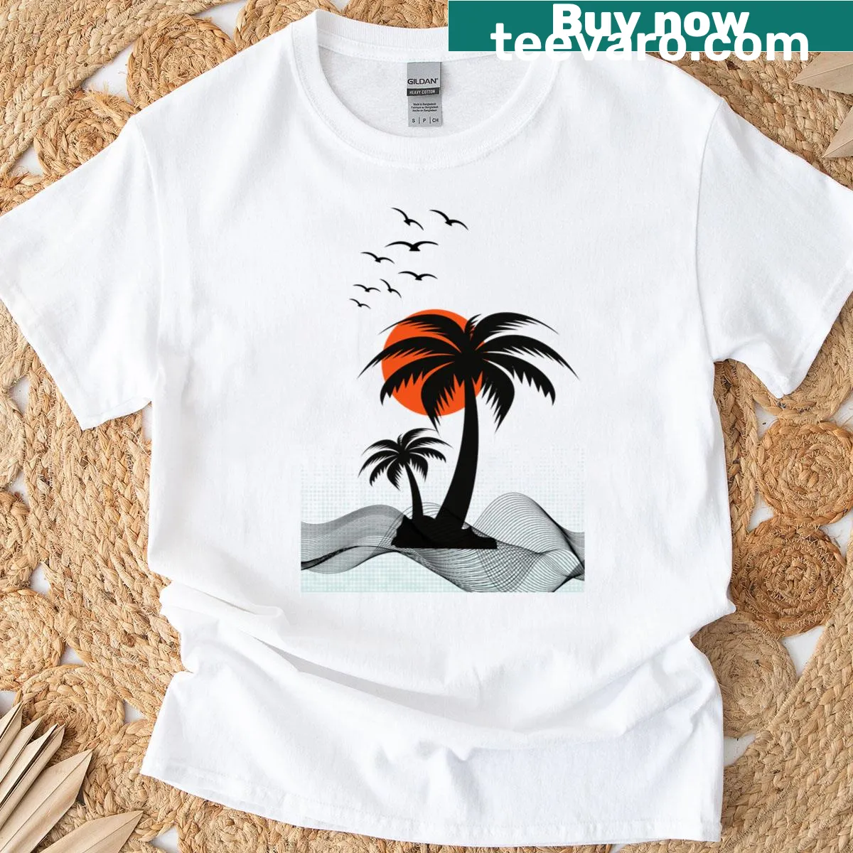 Illustrated palm tree graphic t-shirt — on a men's t-shirt