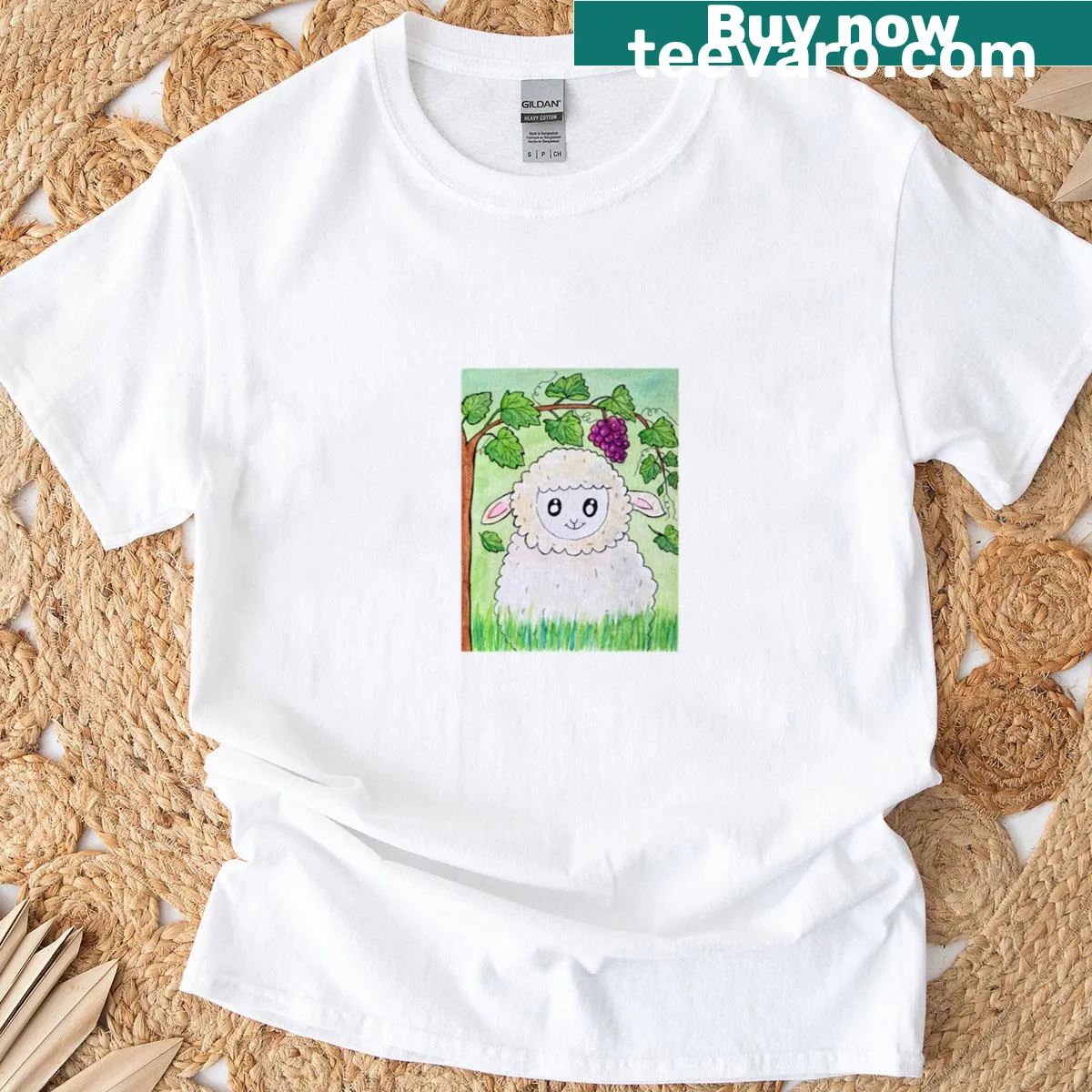 Illustration of a lamb under a grape vine for Passover on a T-shirt. — on a men's t-shirt
