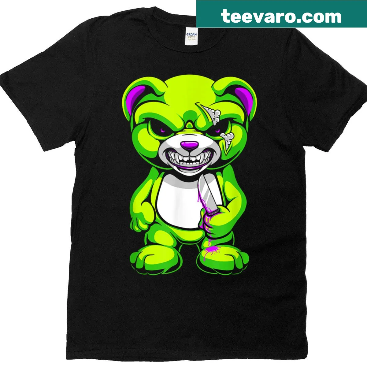 Pastel goth teddy bear Halloween graphic t-shirt — on a men's t-shirt