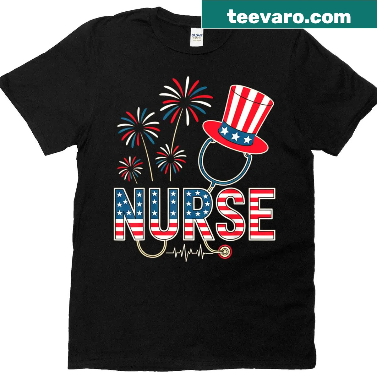 Patriotic nurse T-shirt with USA flag and fireworks graphic — on a men's t-shirt