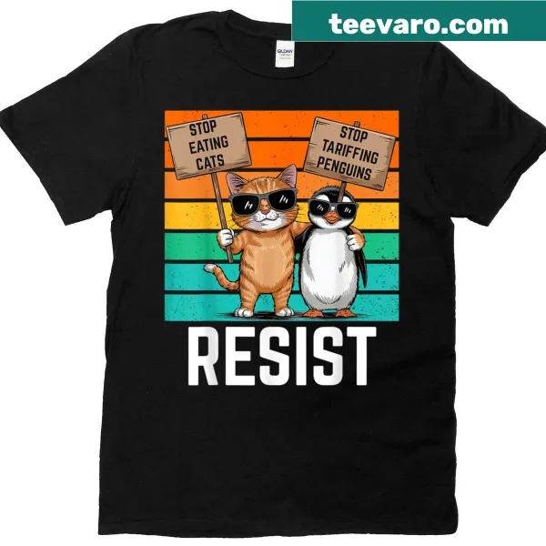 Humorous T-shirt with penguins resisting tariffs graphic