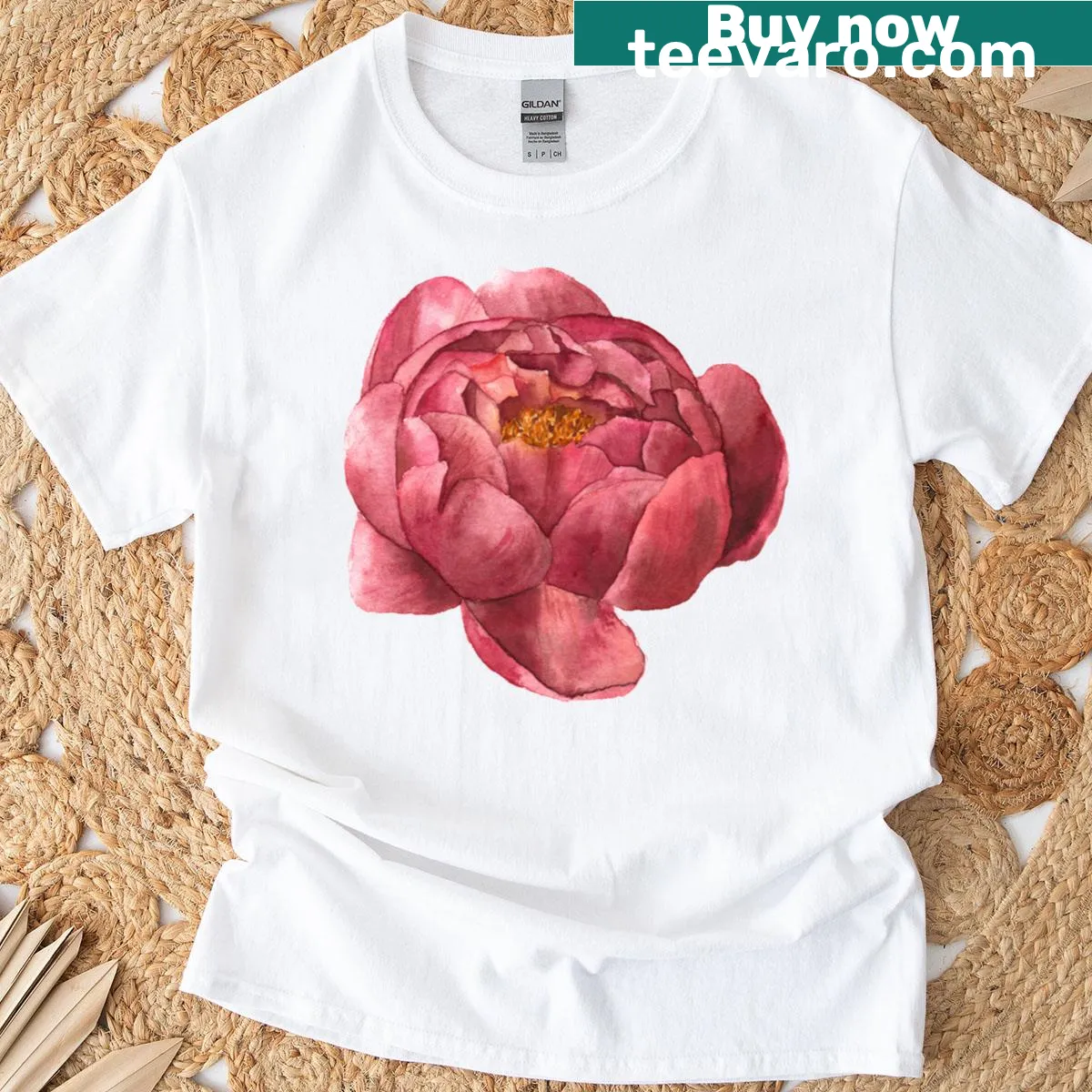 Floral illustration of a peony on a t-shirt — on a men's t-shirt