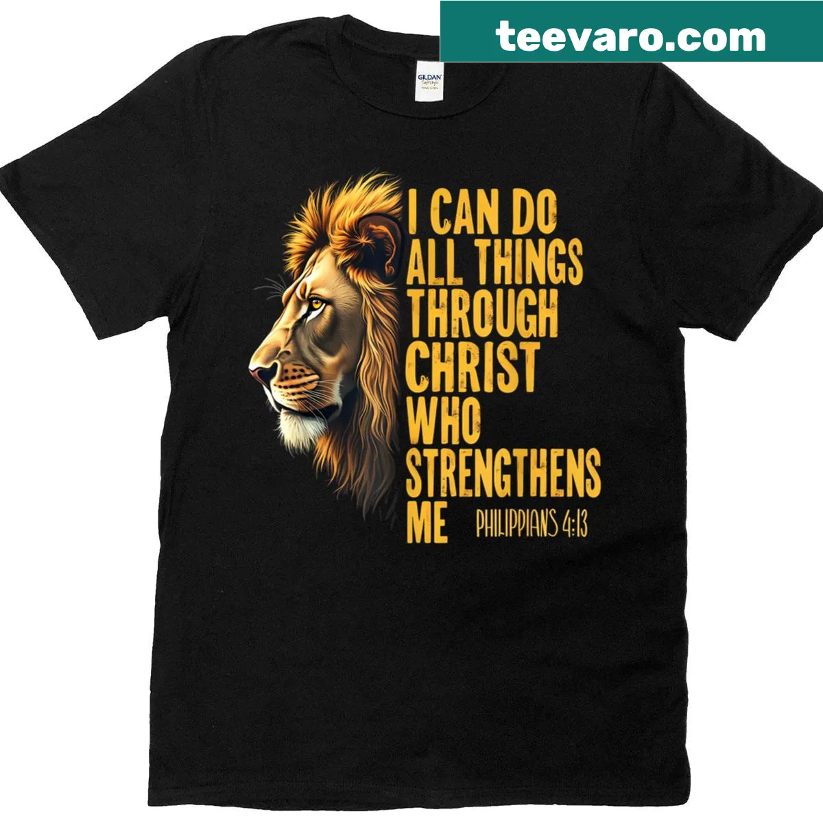 Illustrative lion graphic t-shirt with Philippians 4:13 — on a men's t-shirt