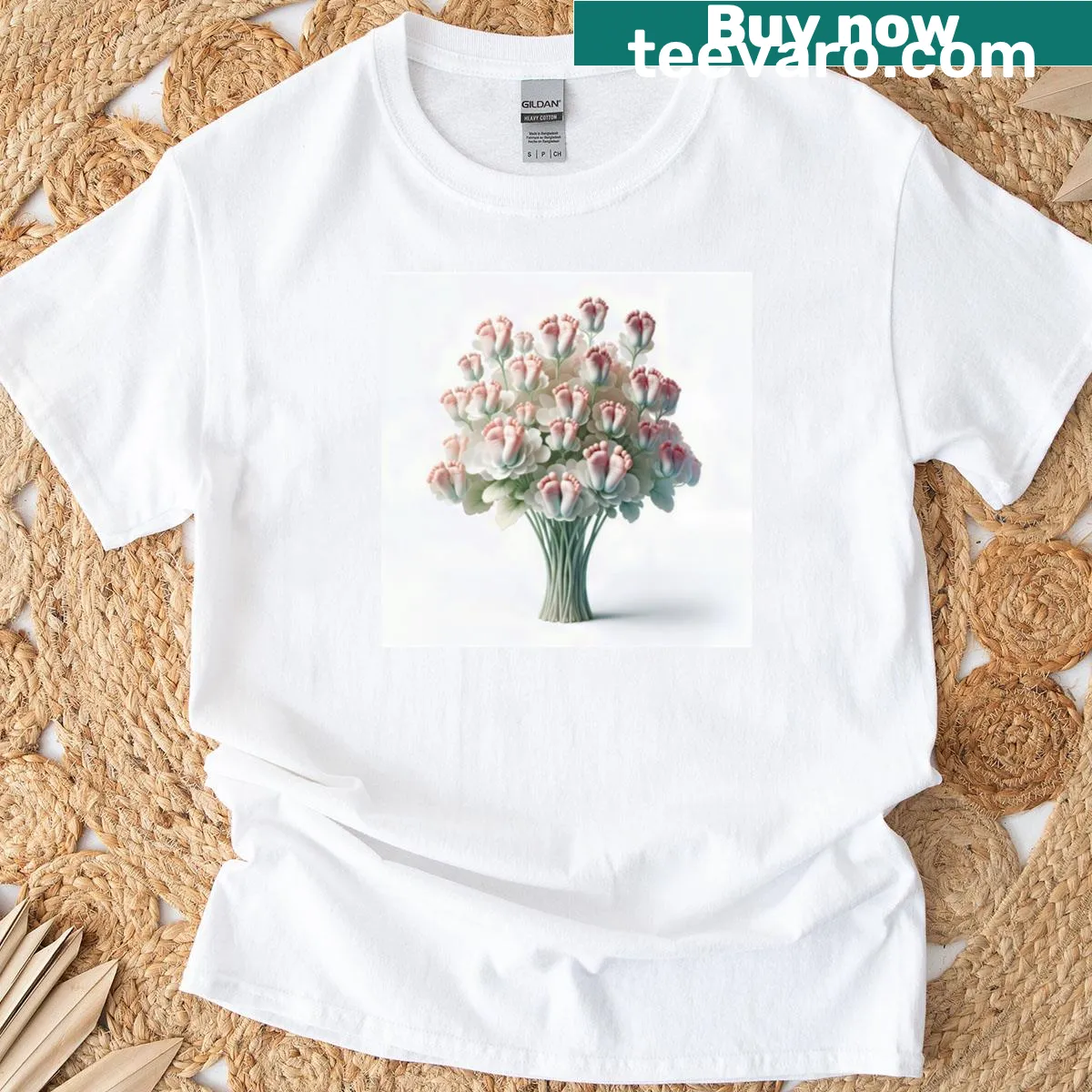T-shirt featuring pink baby feet in a floral bouquet illustration — on a men's t-shirt