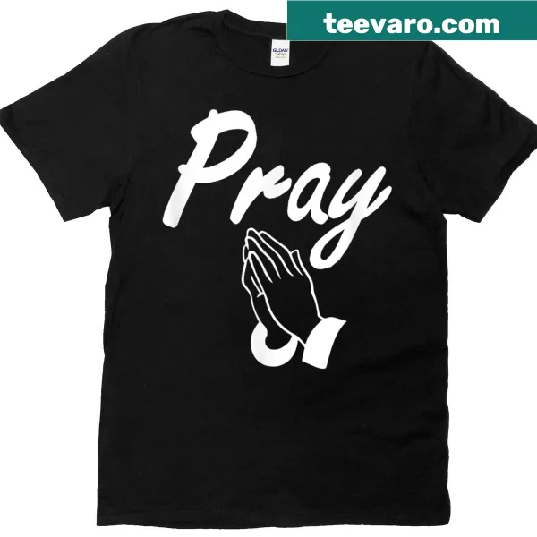 Faith-based T-shirt with 'Pray' and 'Faith' text and baptism symbols.