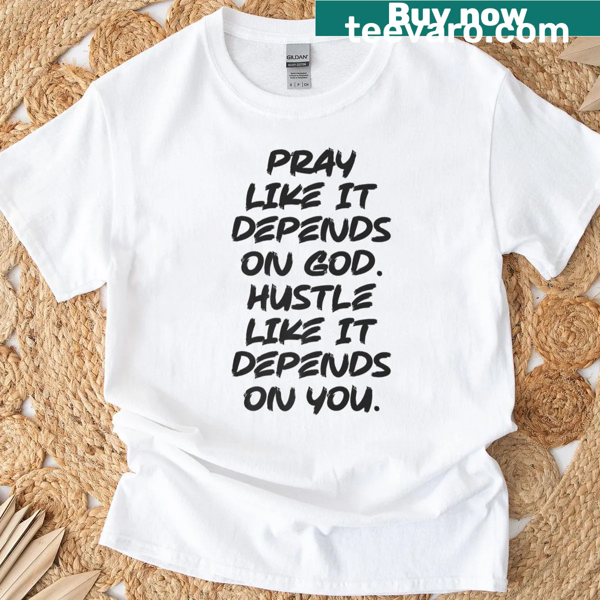Inspirational t-shirt with motivational text about faith and hustle — on a men's t-shirt