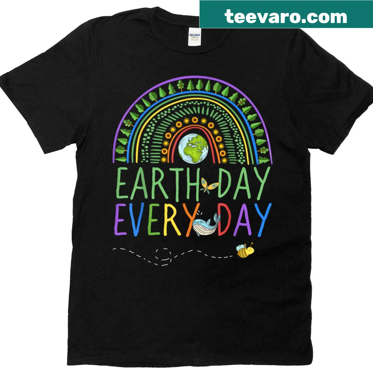 Rainbow and trees graphic on Earth Day T-shirt — on a men's t-shirt