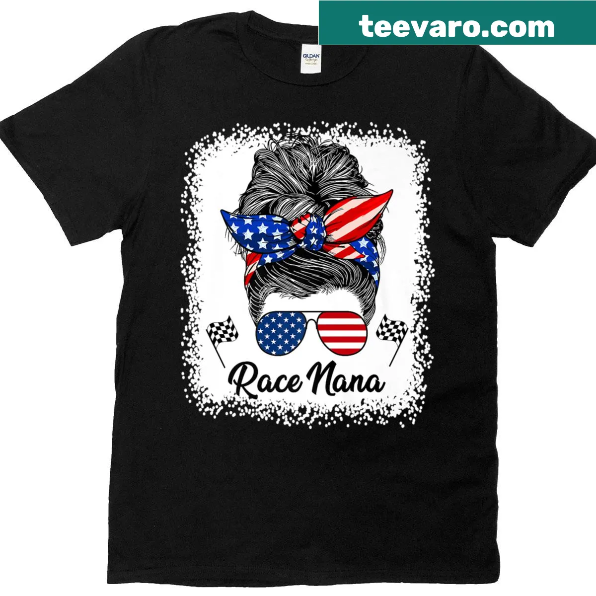 Vintage style T-shirt depicting a messy bun Grandma with USA flag glasses — on a men's t-shirt