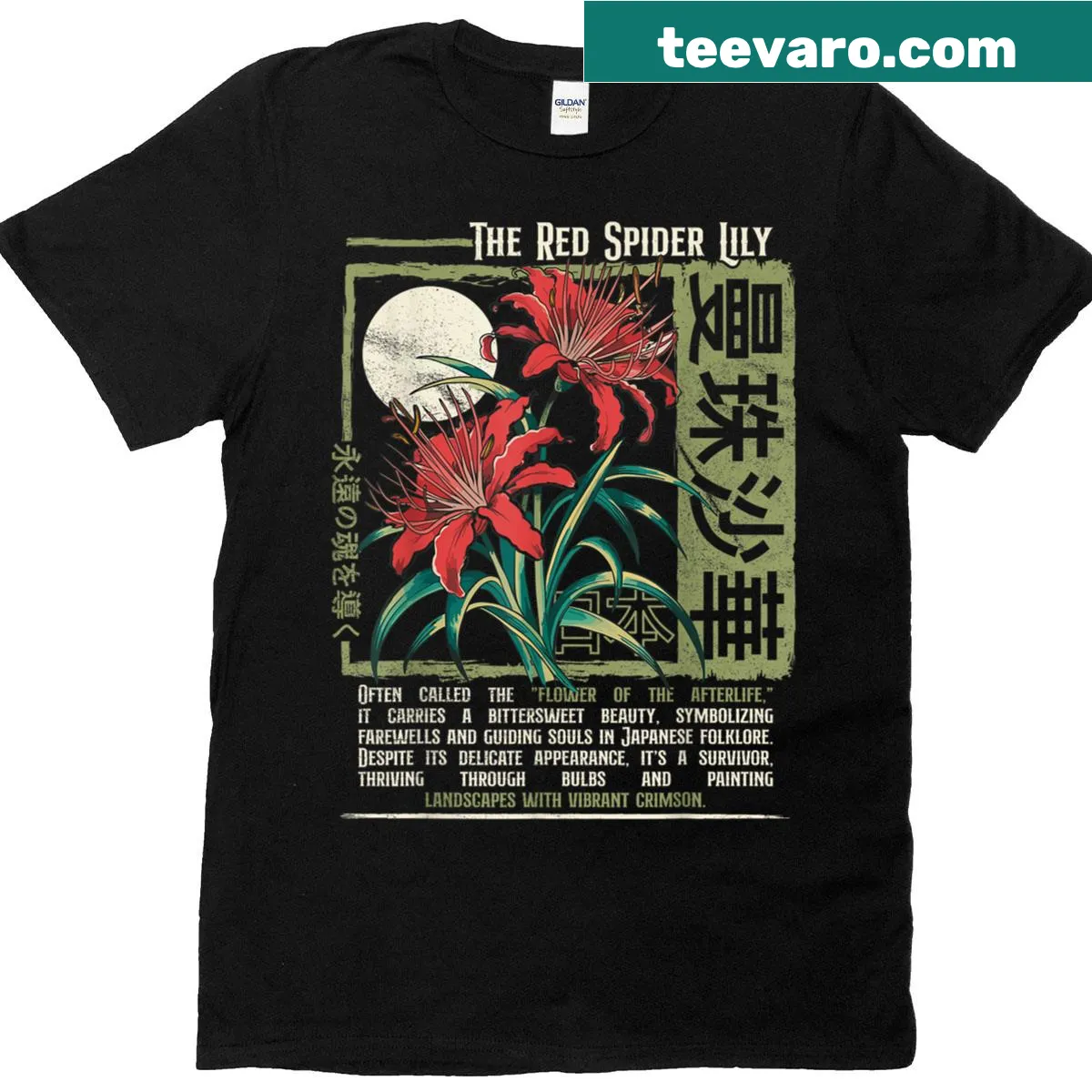T-shirt featuring an artistic red spider lily flower design — on a men's t-shirt