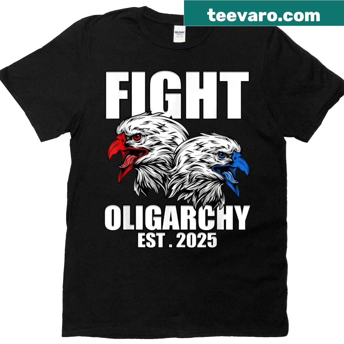 Bold text 'Say No To Oligarchy' on a men's and women's t-shirt — on a men's t-shirt