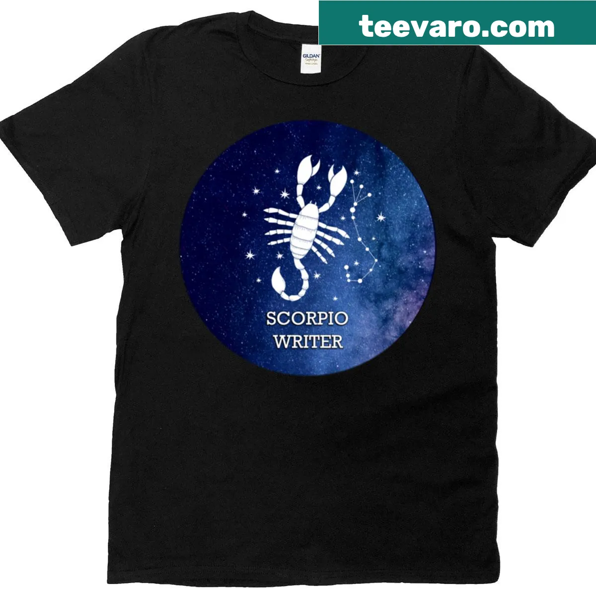 Illustrated Scorpio graphic for writers on a classic t-shirt — on a men's t-shirt