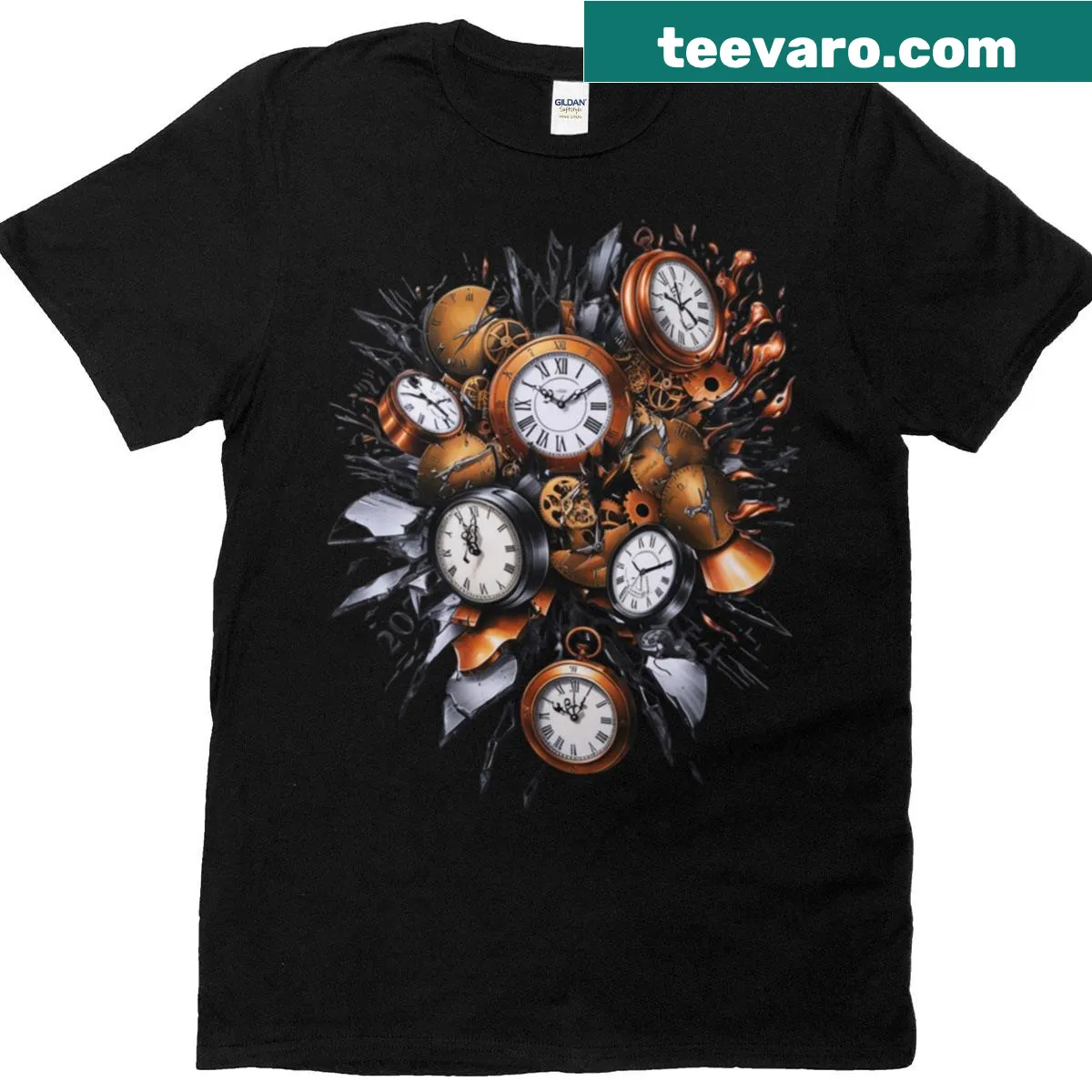 Shattered clock face design on a T-shirt representing time's fragility. — on a men's t-shirt