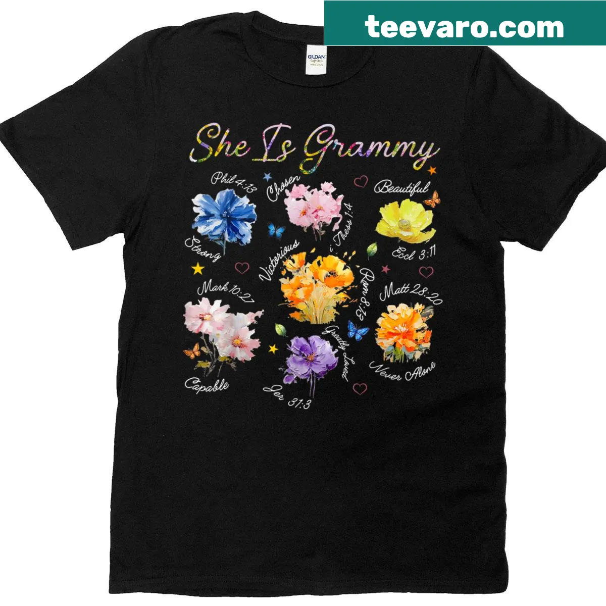 Floral design with 'She Is Grammy' and Christian verse on T-shirt for mothers. — on a men's t-shirt