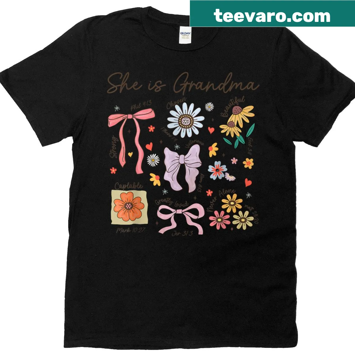 Floral bows design with 'She Is Grandma' and Bible verses on T-shirt for mothers. — on a men's t-shirt