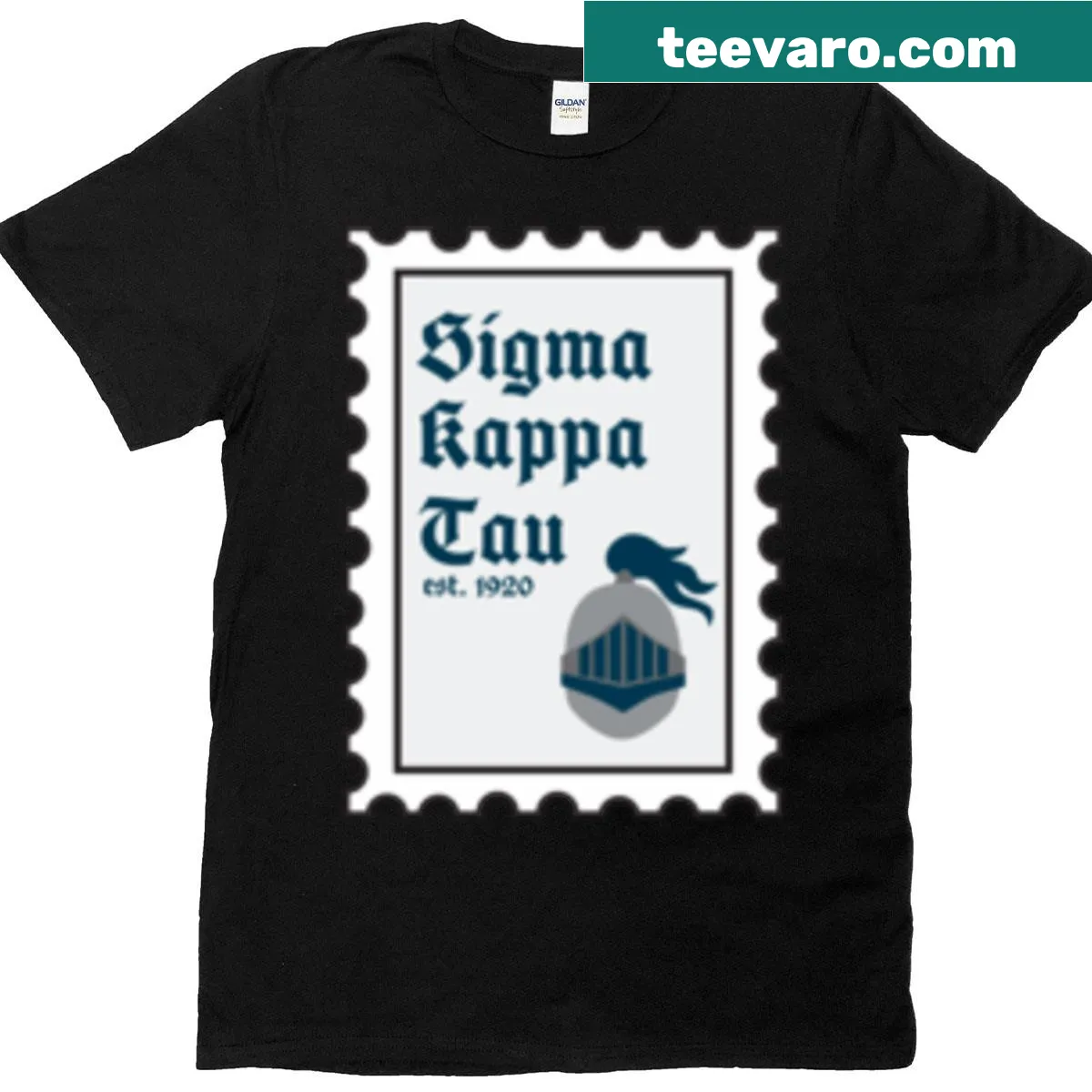 Bold Sigma Kappa Tau emblem on T-shirt for members of the organization. — on a men's t-shirt