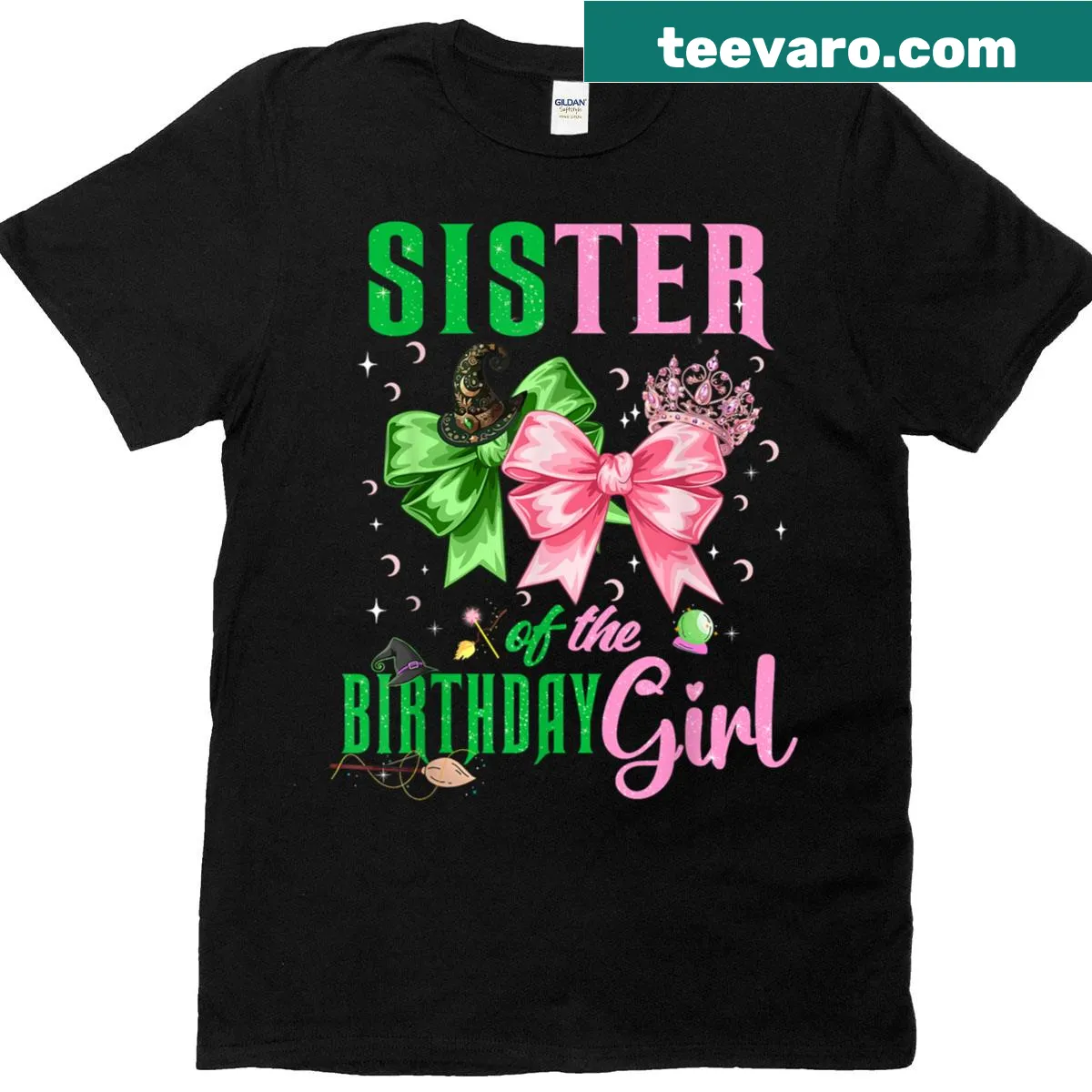 Whimsical witch-themed birthday shirt for sister of the birthday girl — on a men's t-shirt