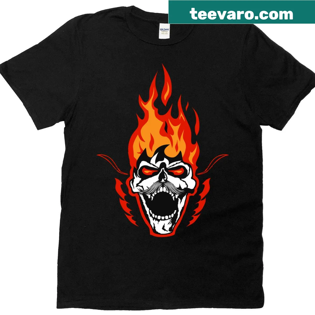 Edgy T-shirt with a skull and flames graphic featuring a mustache — on a men's t-shirt
