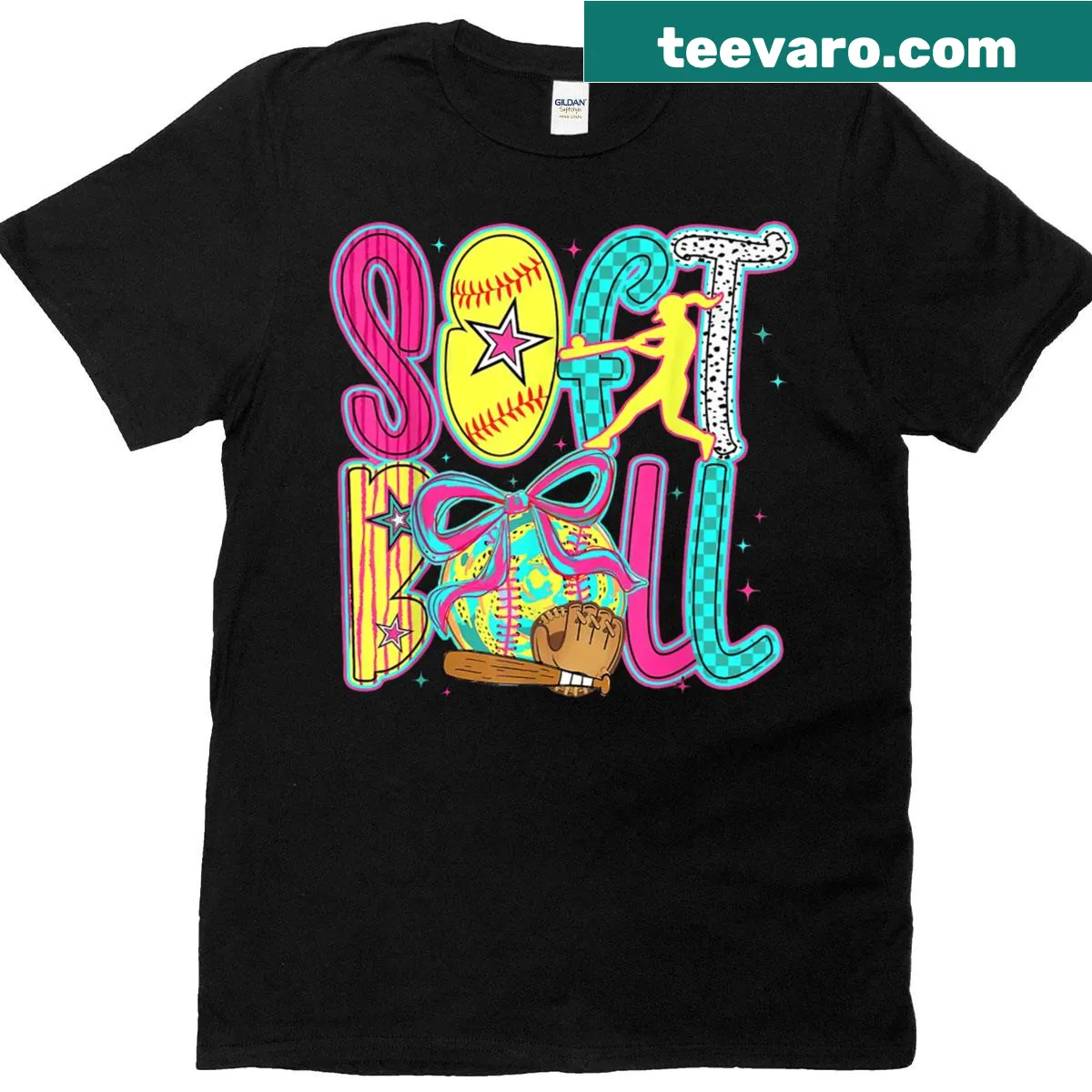 Playful softball-themed shirt with bow design for women — on a men's t-shirt