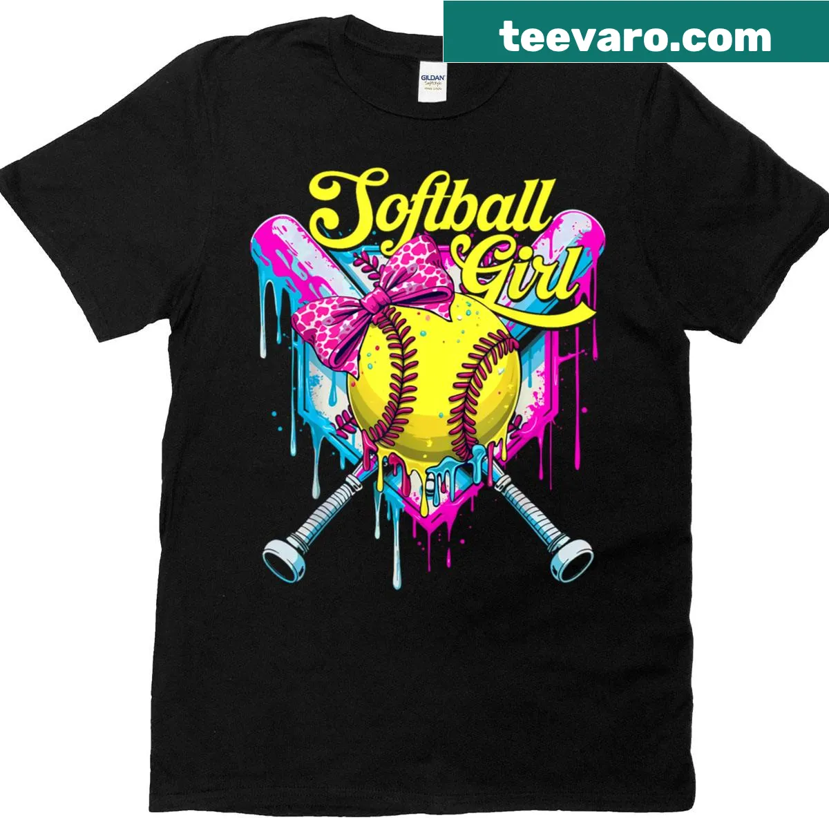 Cute softball-themed shirt with ice cream drip and bow for girls — on a men's t-shirt