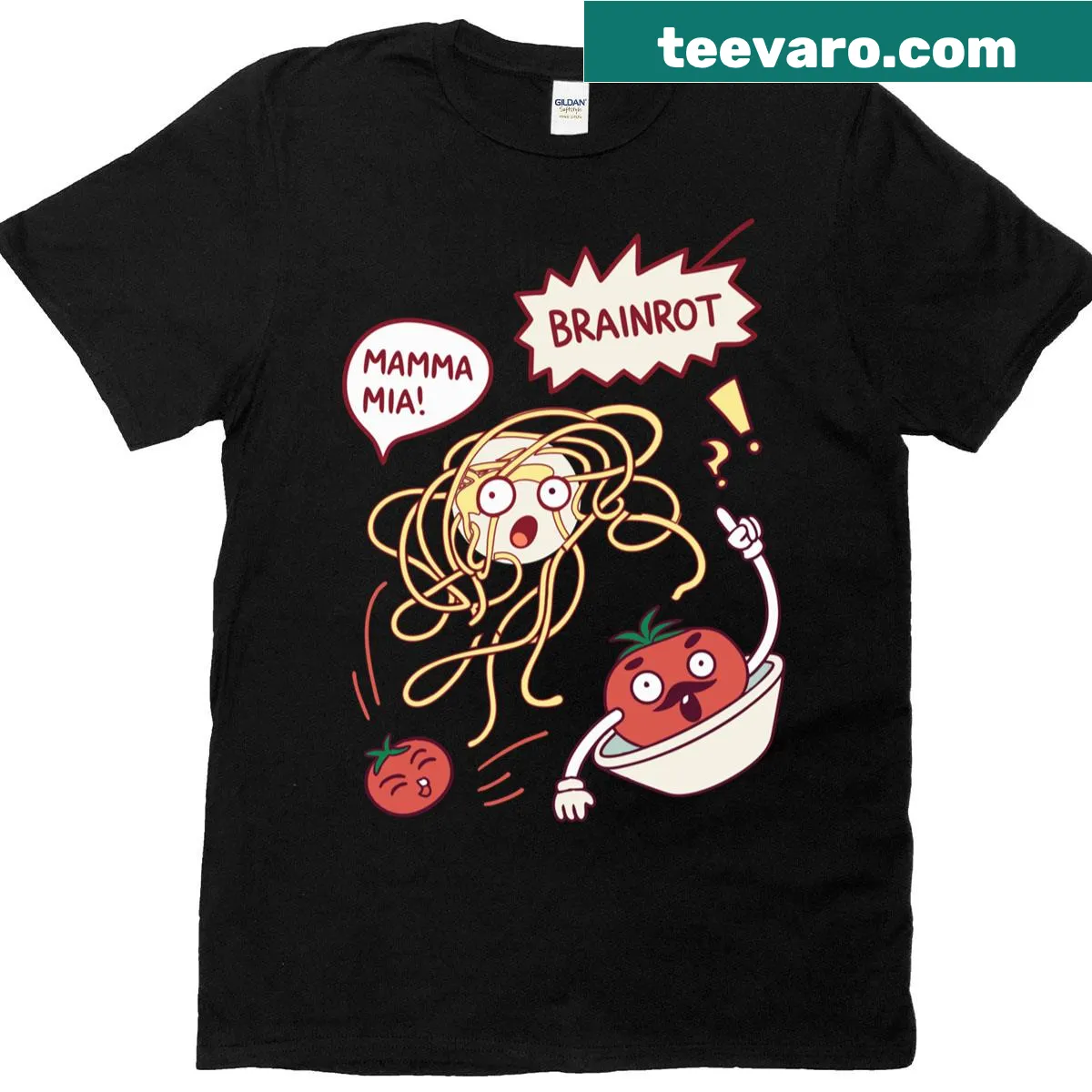 Playful cartoon t-shirt featuring animated spaghetti and comic characters — on a men's t-shirt